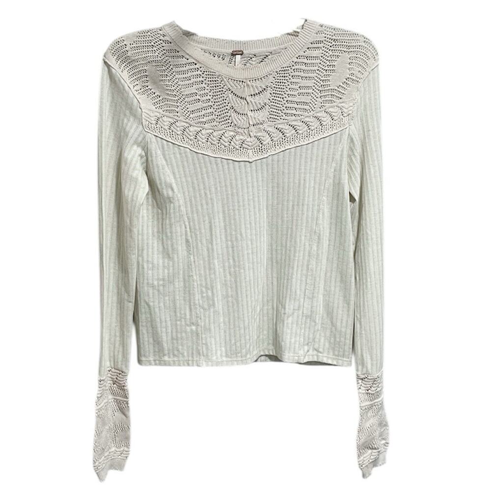 Free People Colette Pointelle Knit Top Size Small Neutral Beige Lace Neck Cuffs